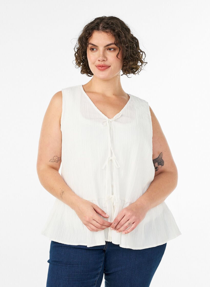 Sleeveless blouse with texture and a tie fastening, Vanilla, Model image number 0