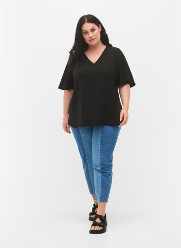 Short-sleeved blouse with an A-shape, Black, Model image number 2