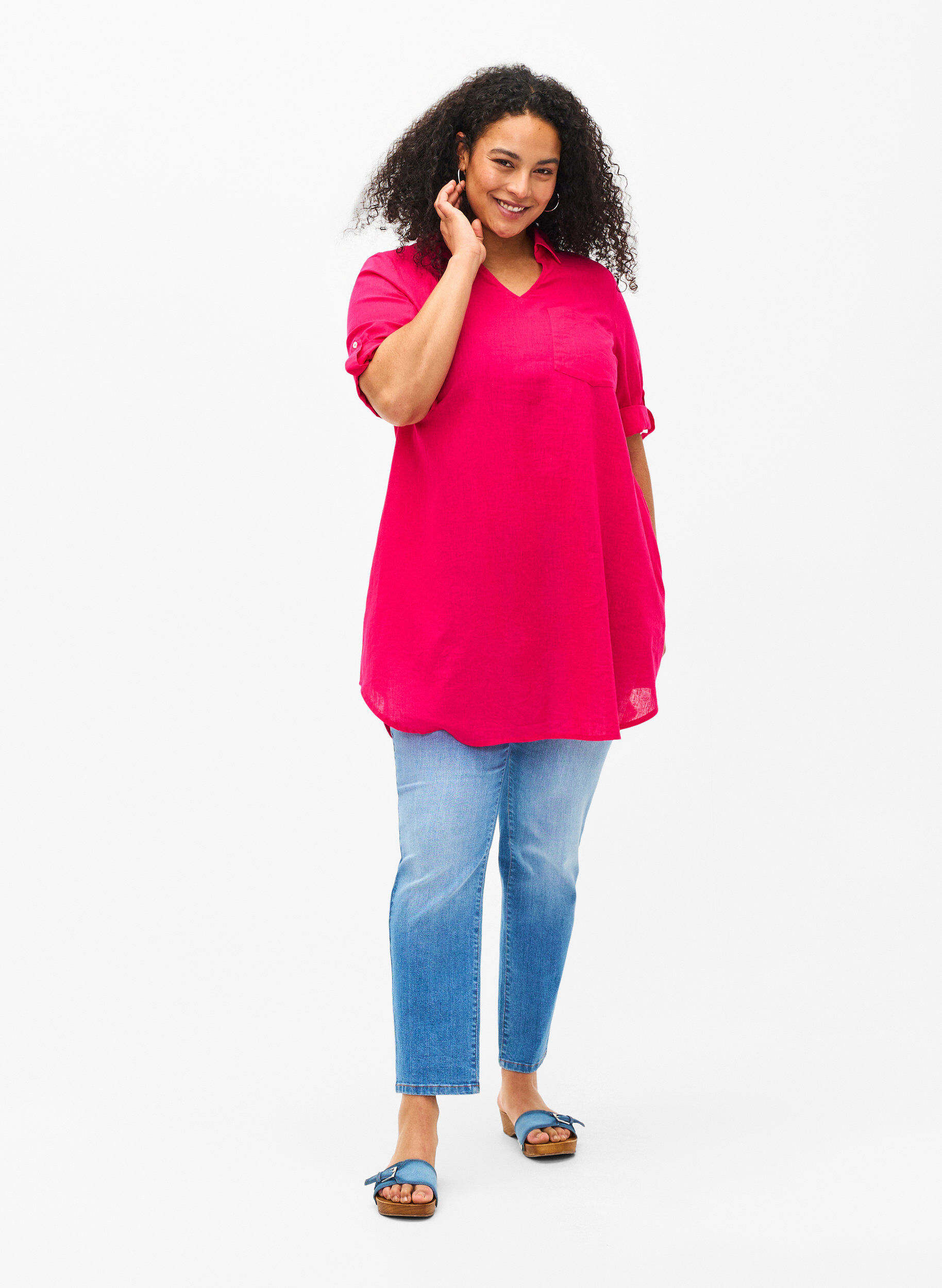 Zizzifashion Short-sleeved cotton blend tunic with linen, Bright Rose, Model image number 2