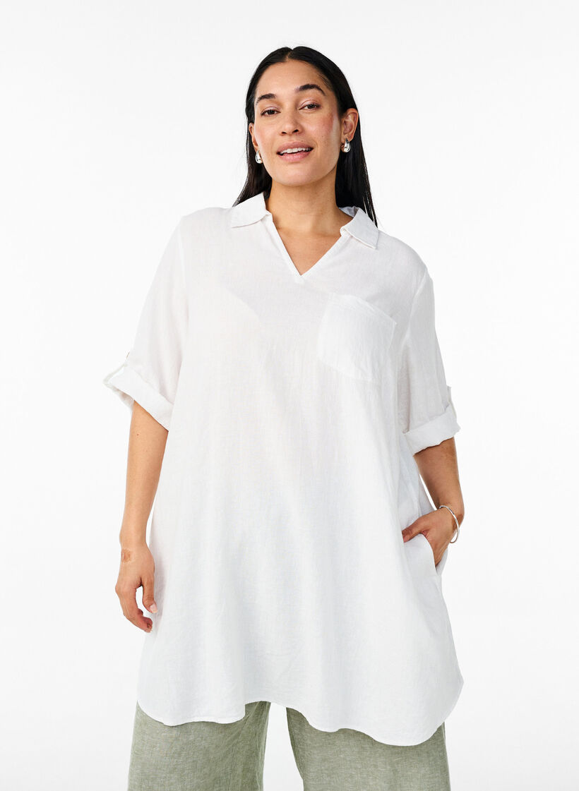 Linen and viscose tunic with A-shape, White, Model image number 0