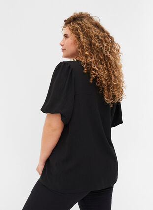 Blouse with short puff sleeves, Black, Model image number 1