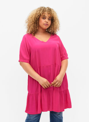 Single colored viscose tunic with short sleeves, Beetroot Purple, Model image number 0