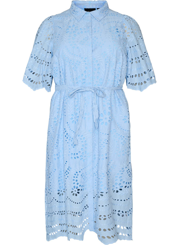 Shirt dress in broderie anglaise with a tie-belt, Blue, Packshot image number 0