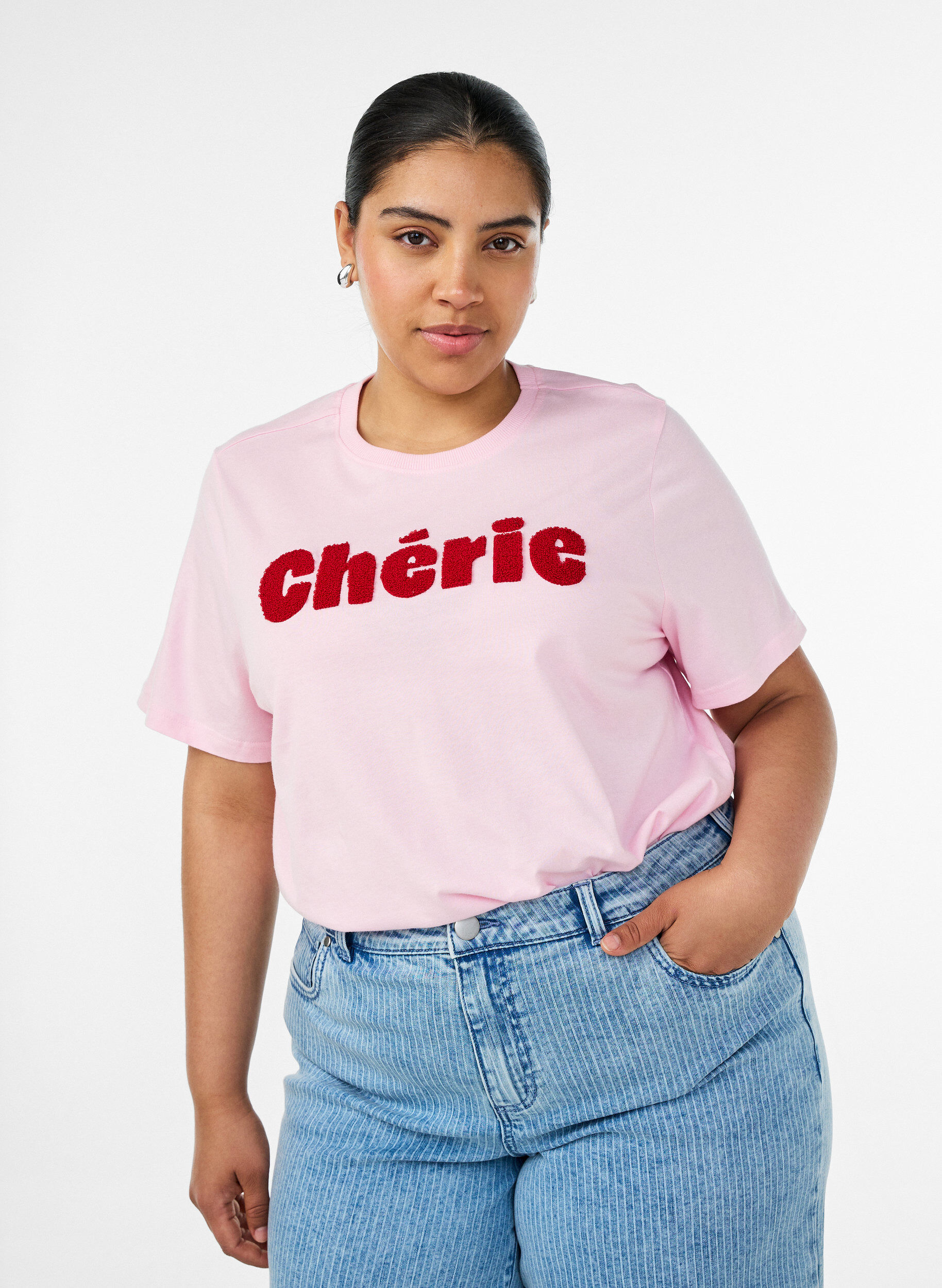 Organic cotton T-shirt with front print, Rose, Model