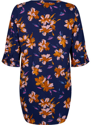 Floral tunic with 3/4 sleeves, Peacoat Flower AOP, Packshot image number 1