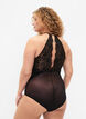 Halterneck bodystocking with lace and strings, Black, Model image number 1