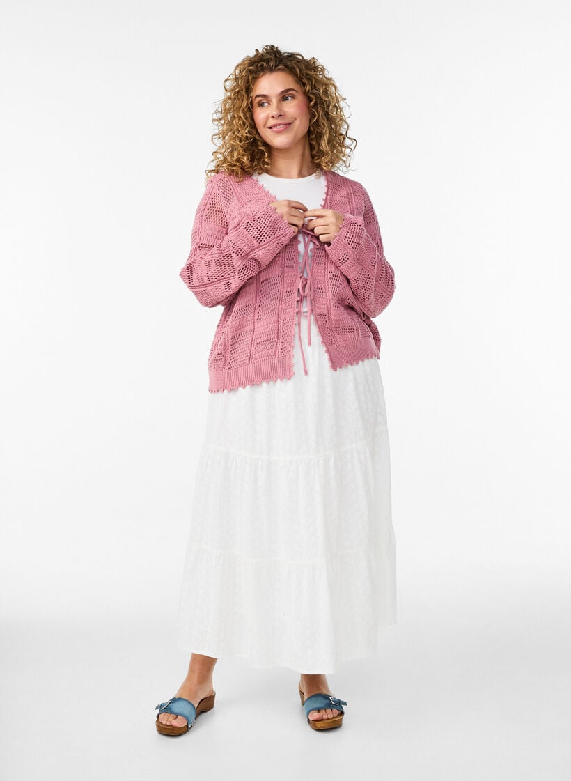 Knitted cardigan with ties and an openwork pattern, Rose, Model image number 1