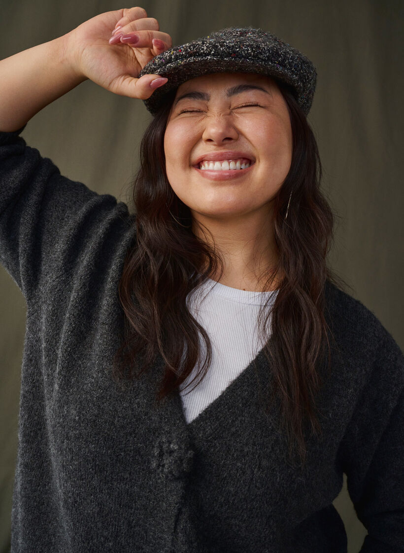 Short knitted cardigan with flower buttons, Dark Grey Melange, Image image number 0