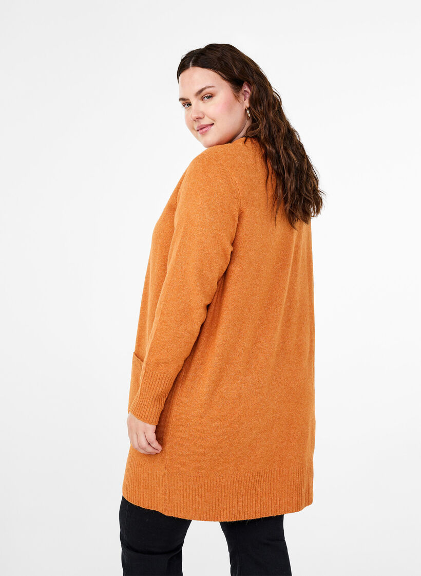 Ribbed Knit Cardigan with Pockets, Orange, Model image number 2