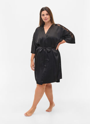 Dressing gown with lace, Black, Model image number 3