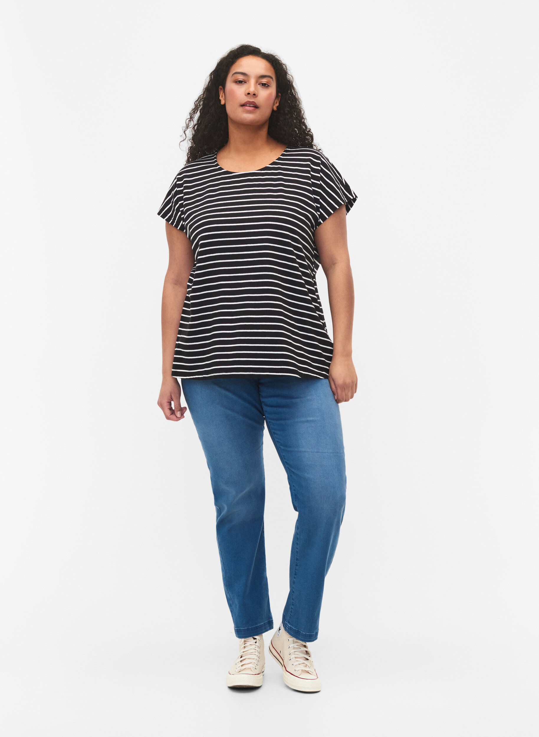 Zizzifashion Cotton t-shirt with stripes, Black W. Stripe, Model image number 2