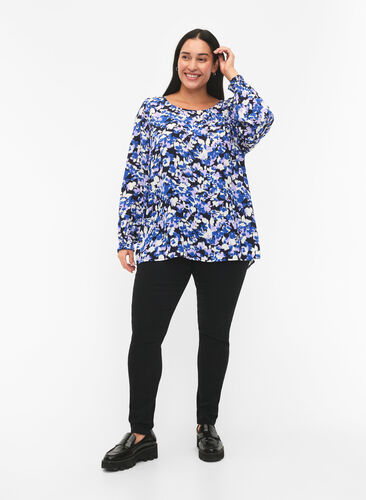 FLASH - Long sleeved blouse with smock and print, Blue Purple Flower, Model image number 2
