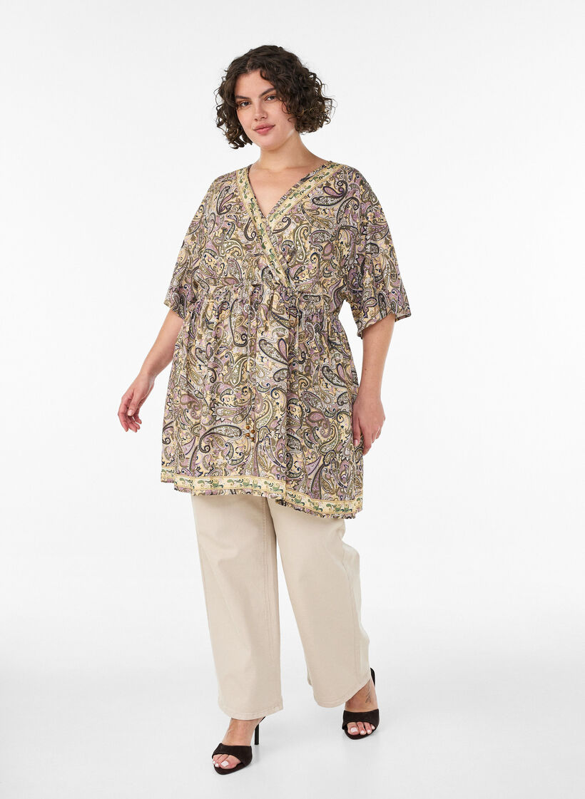 Viscose tunic with paisley print and tie-string, Yellow, Model image number 1