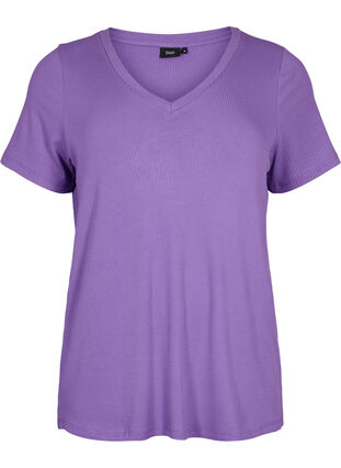Ribbed viscose T-shirt with v-neck, Deep Lavender, Packshot image number 0