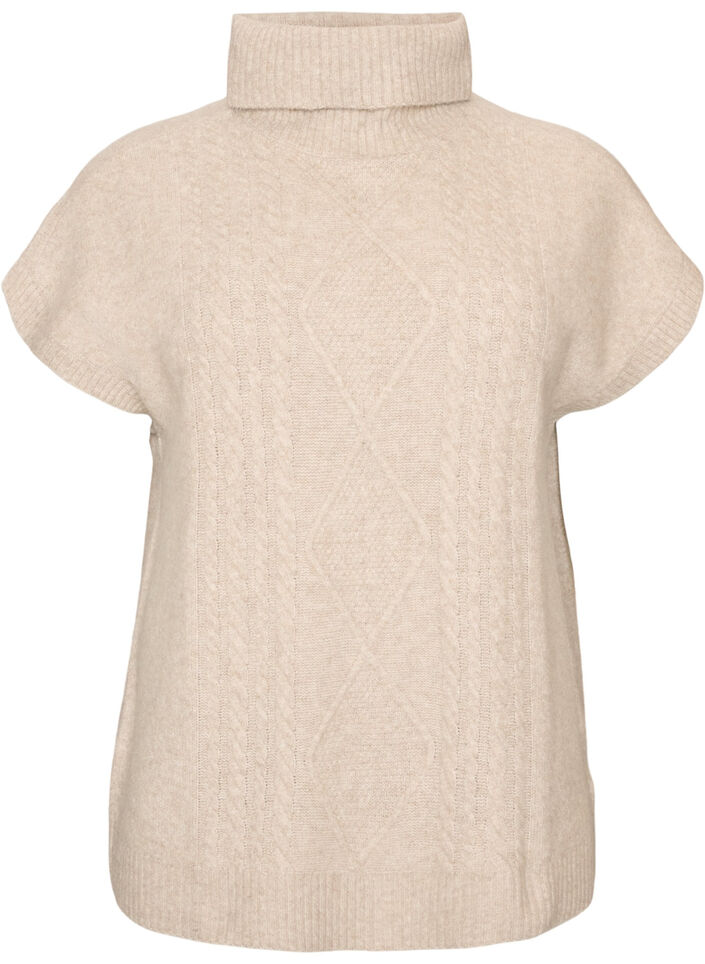 Knitted vest with turtleneck and cable knit, Beige, Packshot image number 0