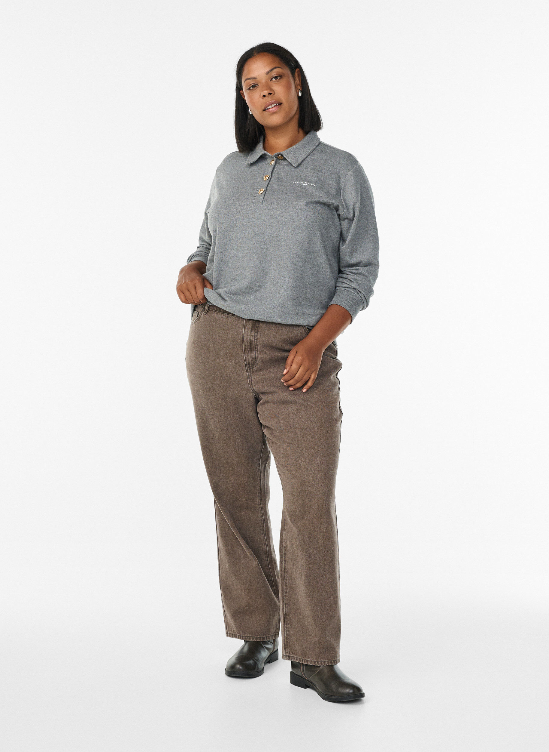 Zizzifashion Sweat polo shirt with decorative buttons, Grey, Model image number 1