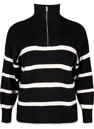 Pullover with stripes and high collar	, Black w. Birch, Packshot image number 0
