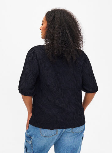Textured blouse with short sleeves, Black, Model image number 1