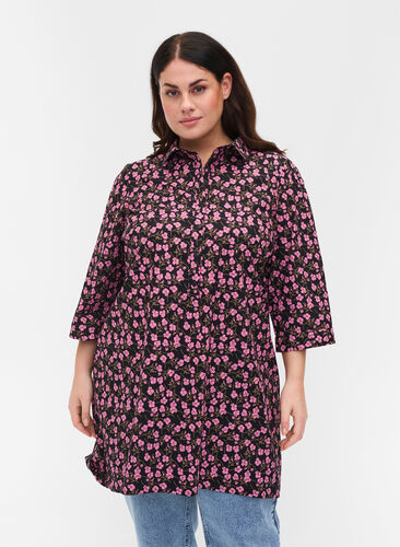 Printed tunic with 3/4-length sleeves, Flower AOP, Model image number 0