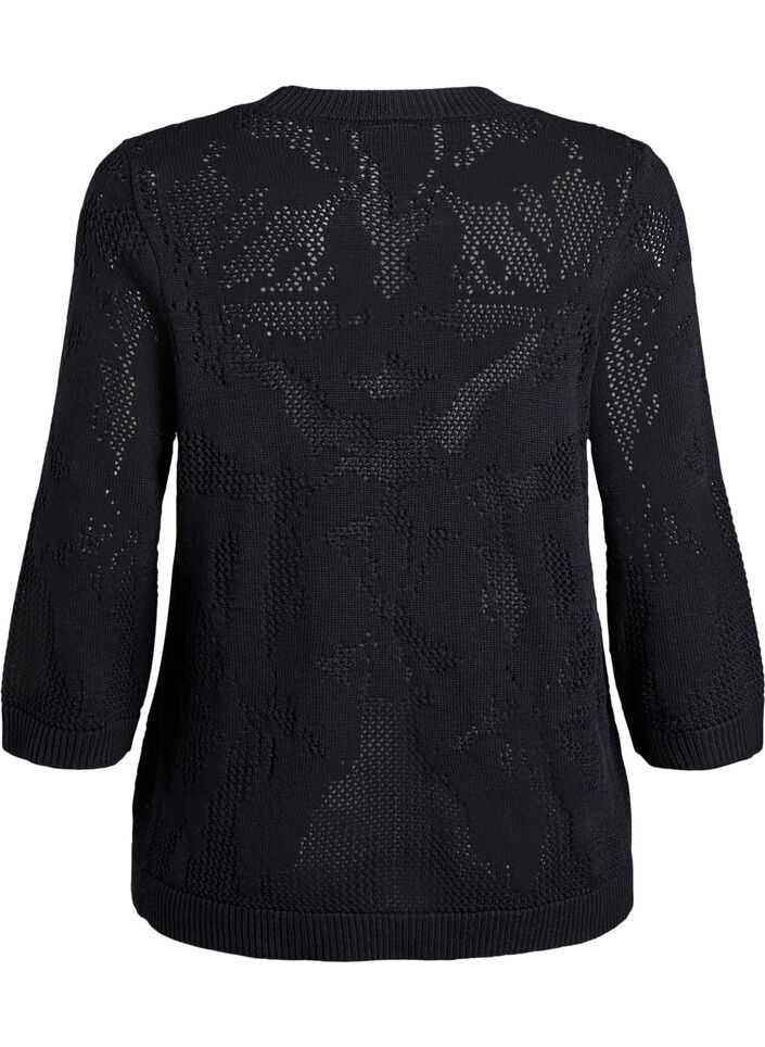 Knit blouse with an openwork pattern and 3/4 sleeves, Black, Packshot image number 1