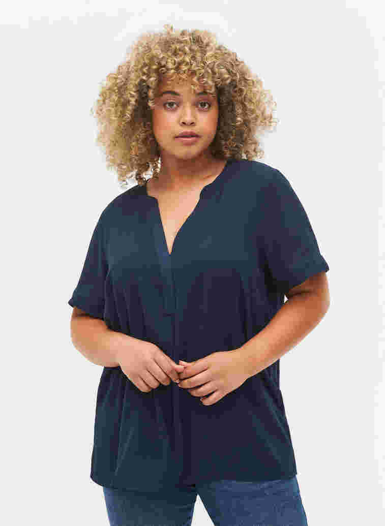 Short-sleeved v-neck blouse, Navy Blazer, Model image number 0