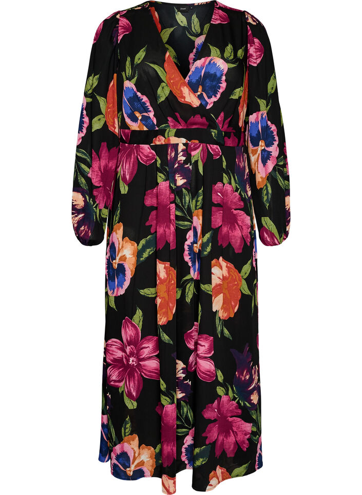 Maxi dress with a wrap-over neckline and long sleeves, Black, Packshot image number 0