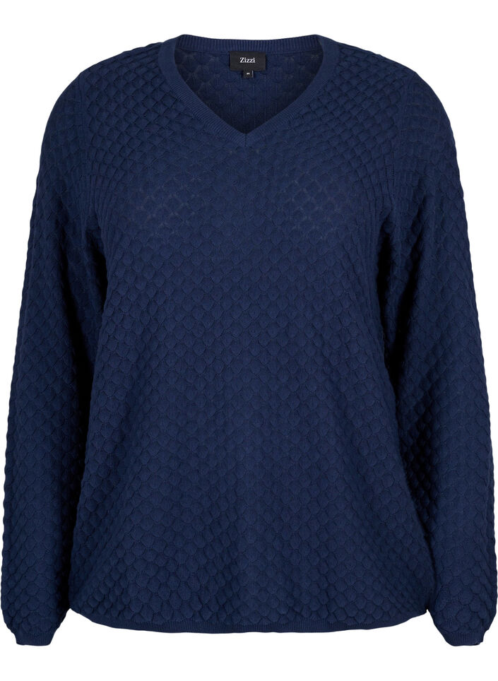 Patterned knitted top with v-neckline, Navy Blazer, Packshot image number 0