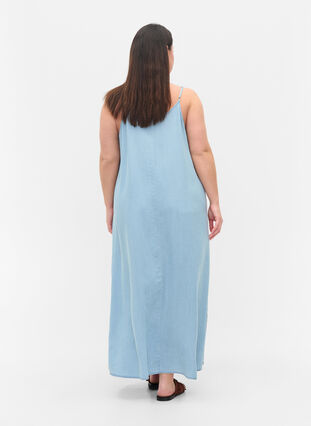 Long denim dress with thin straps, Light blue denim, Model image number 1