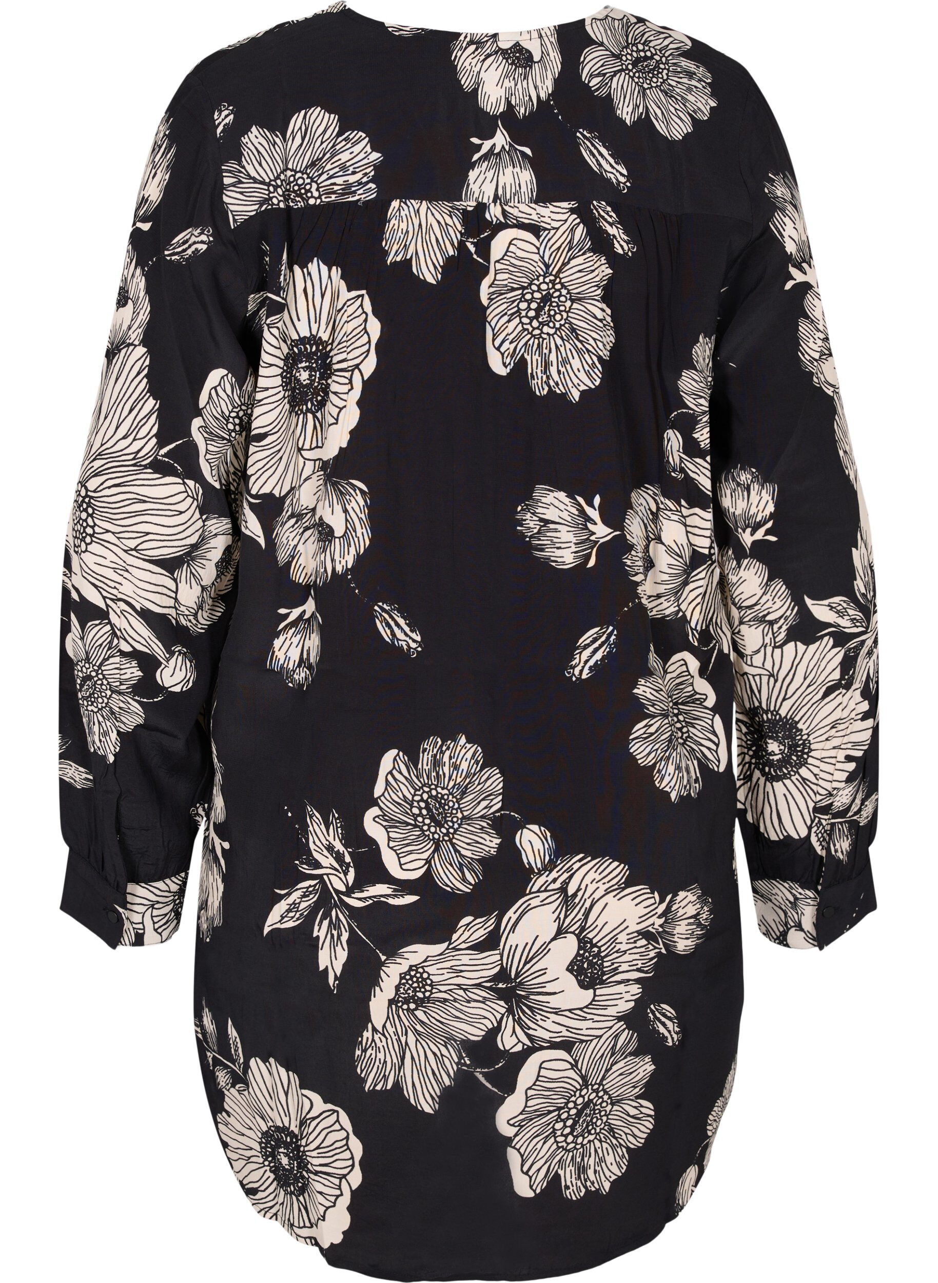 Zizzifashion Long floral viscose shirt, Black White AOP, Packshot image number 1