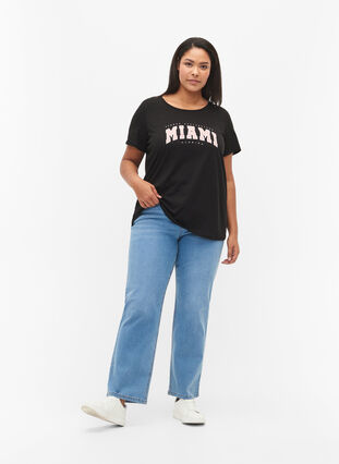 Cotton t-shirt with print detail, Black MIAMI, Model image number 2