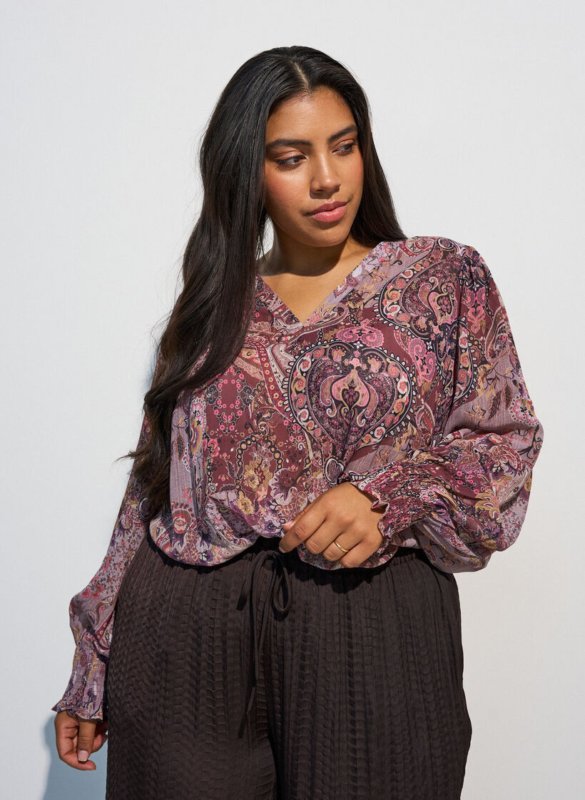 Tunic with paisley print and smocked cuffs, Rose, Model image number 0