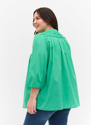 Cotton blouse with 3/4 sleeves and smock, Holly Green, Model image number 1