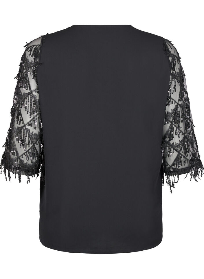 Party blouse with sequin fringes and 3/4 sleeves, Black, Packshot image number 1