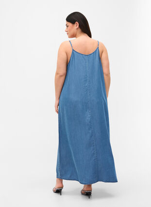 Long denim dress with thin straps, Dark blue denim, Model image number 1