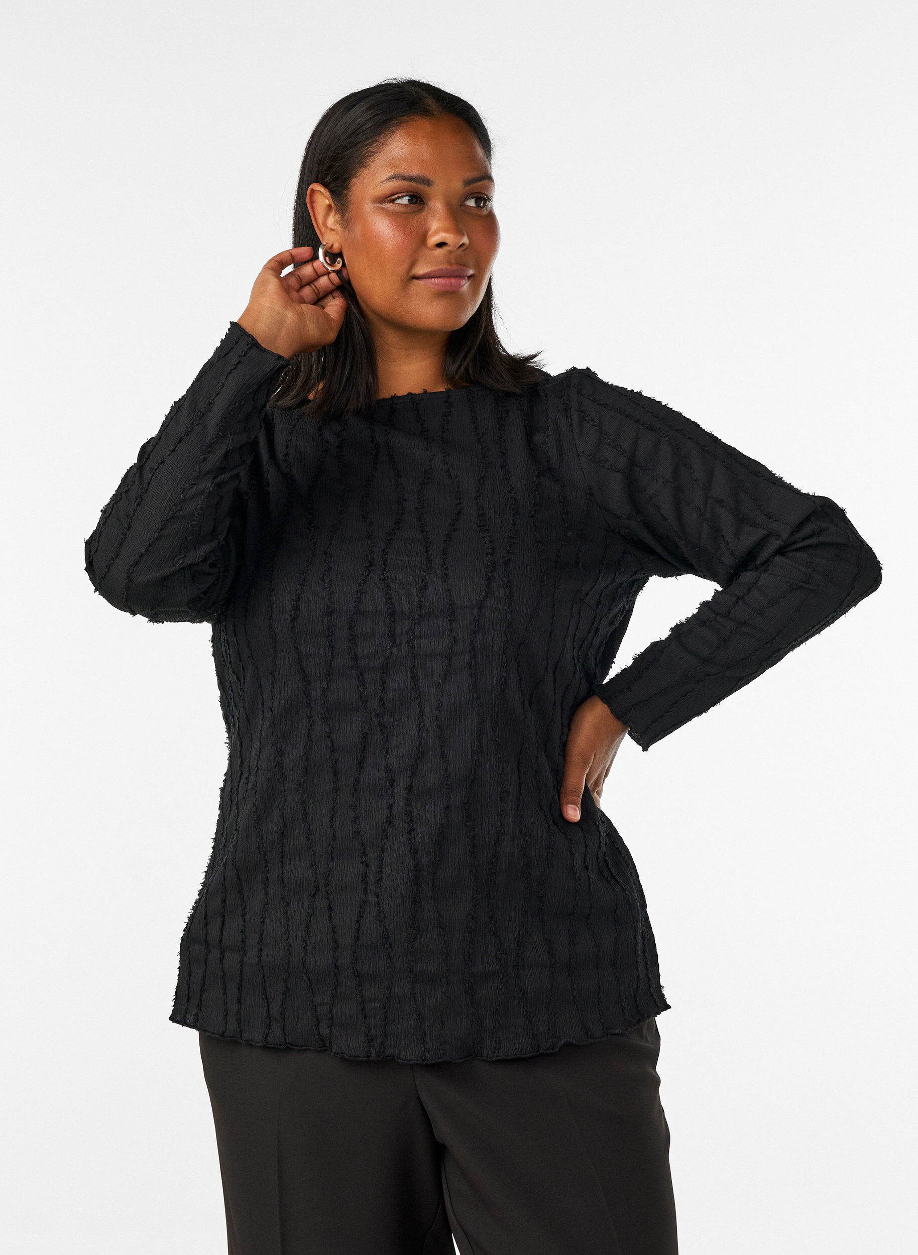 ZizzifashionJersey blouse with a wavy texture, Black, Model image number 0