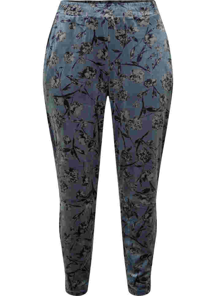 Floral print velour trousers with pockets, Green Gables, Packshot image number 0