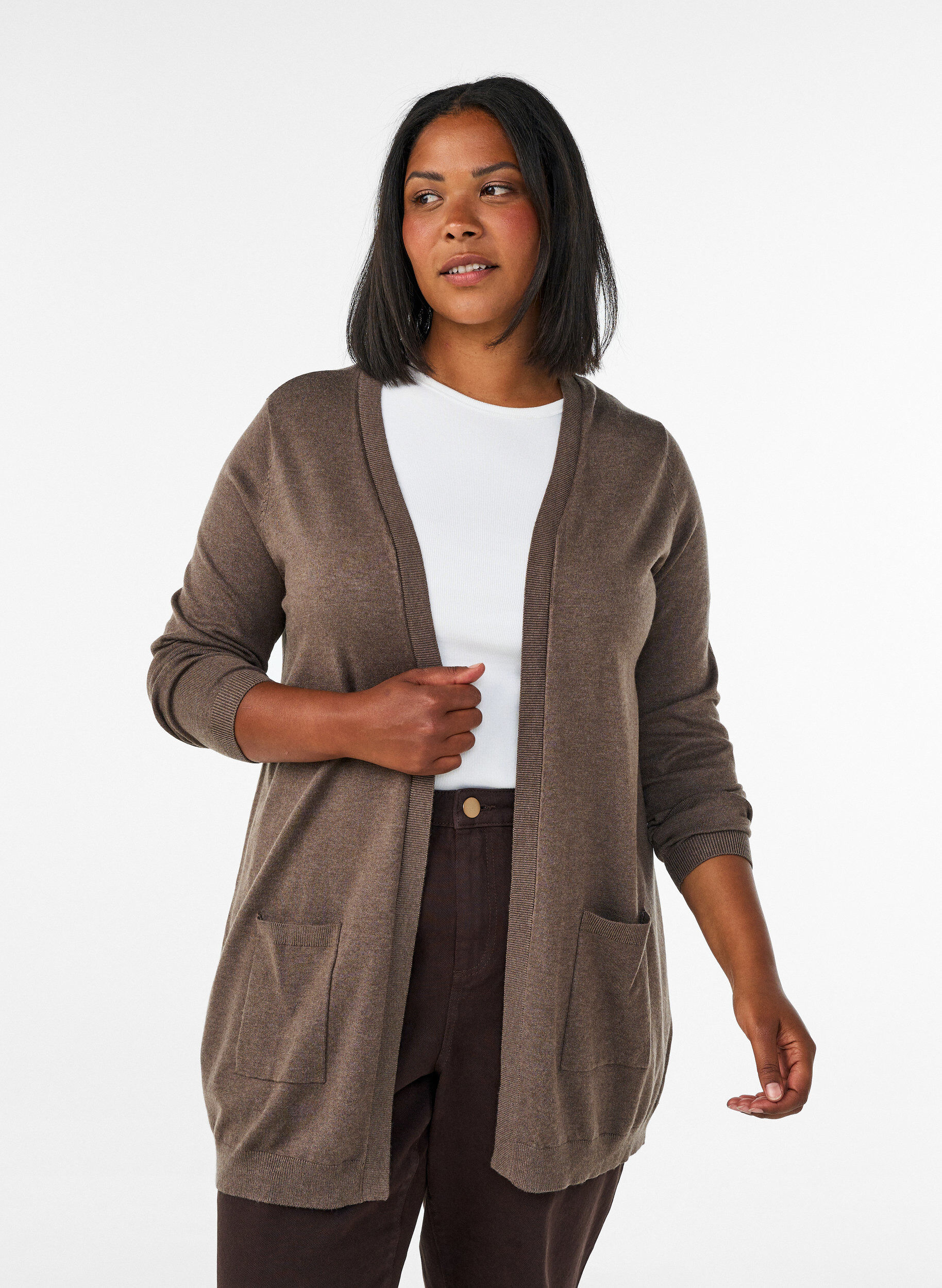 Long knitted cardigan in a viscose blend, Brown, Model