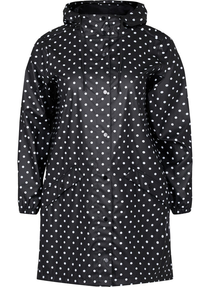 Hooded polka dot rain jacket, Black W/White Dot, Packshot image number 0