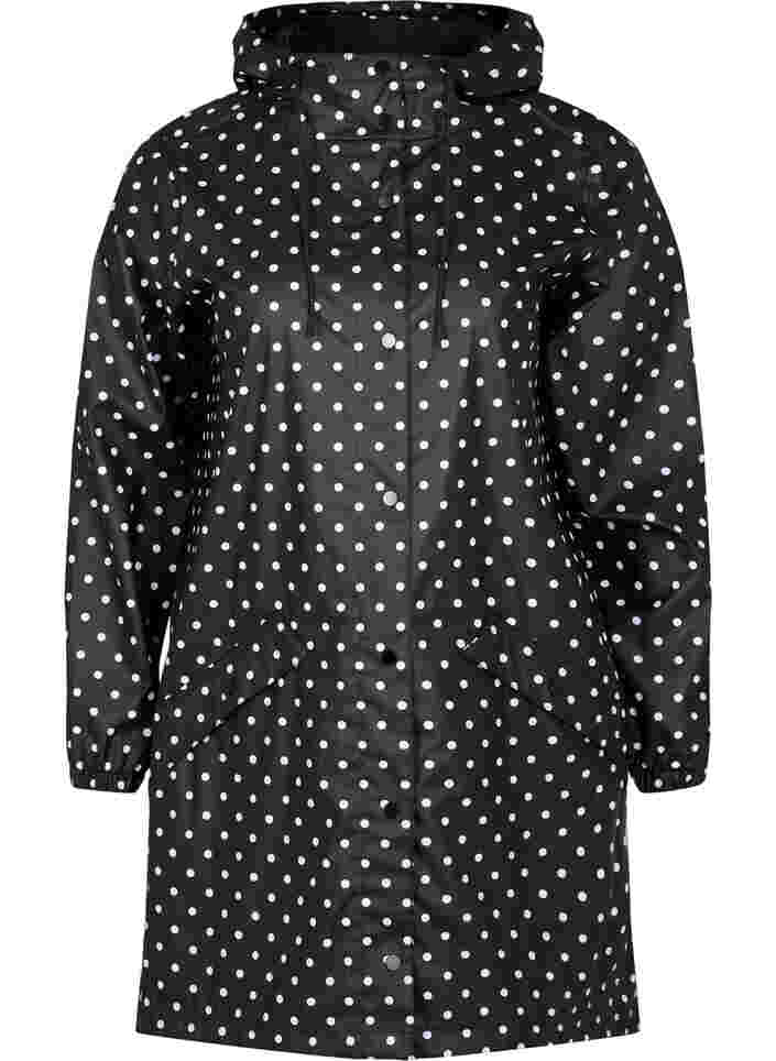 Hooded polka dot rain jacket, Black W/White Dot, Packshot image number 0