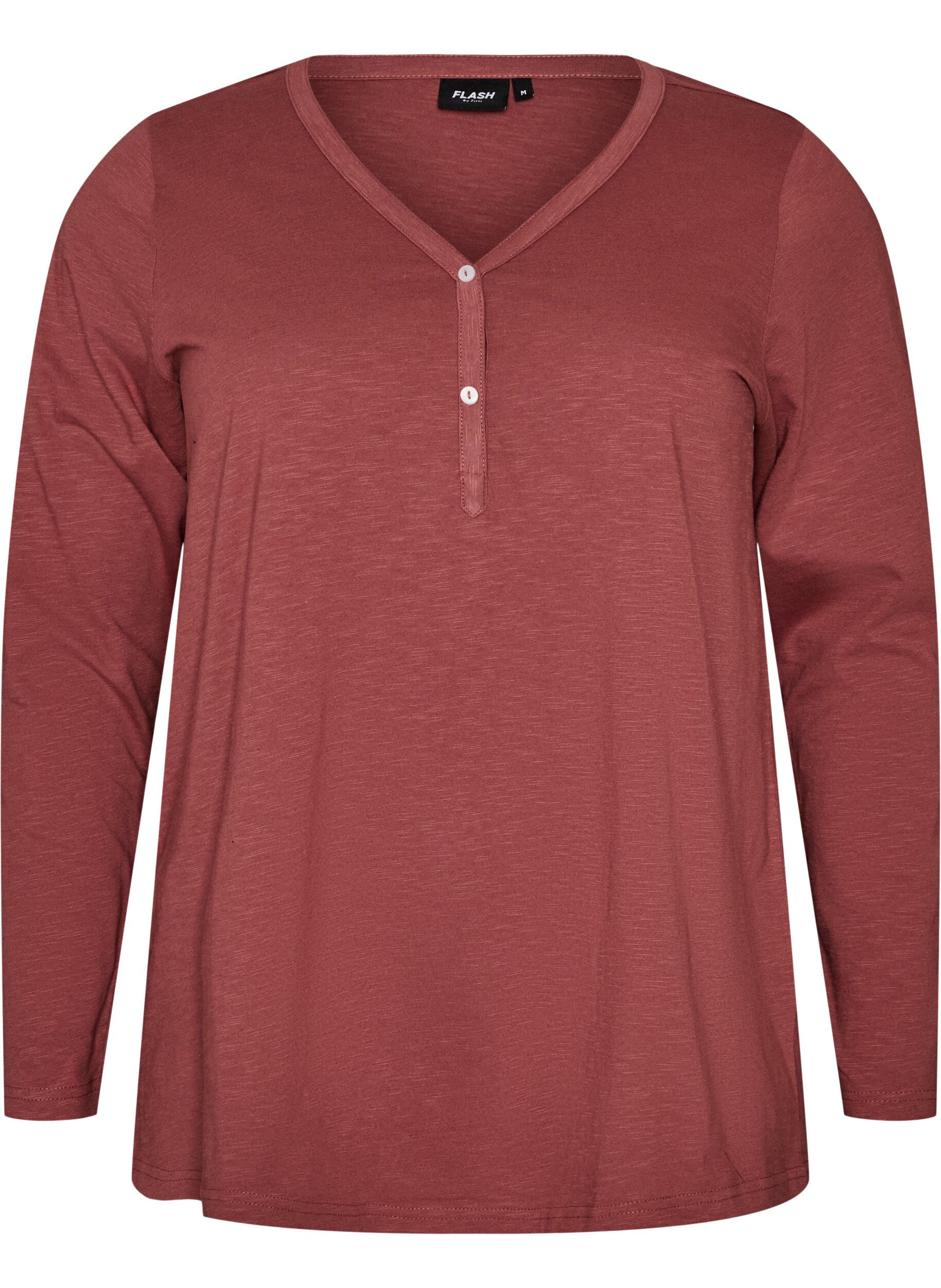 ZizzifashionLong-sleeved t-shirt with V-neck and buttons, Brown, Packshot image number 0