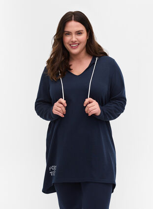 Long sweatshirt with v-neck and hood, Dark Sapphire, Model image number 0