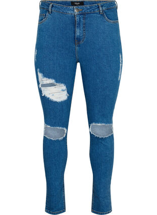 Tight-fitting jeans with rip details, Blue denim, Packshot image number 0