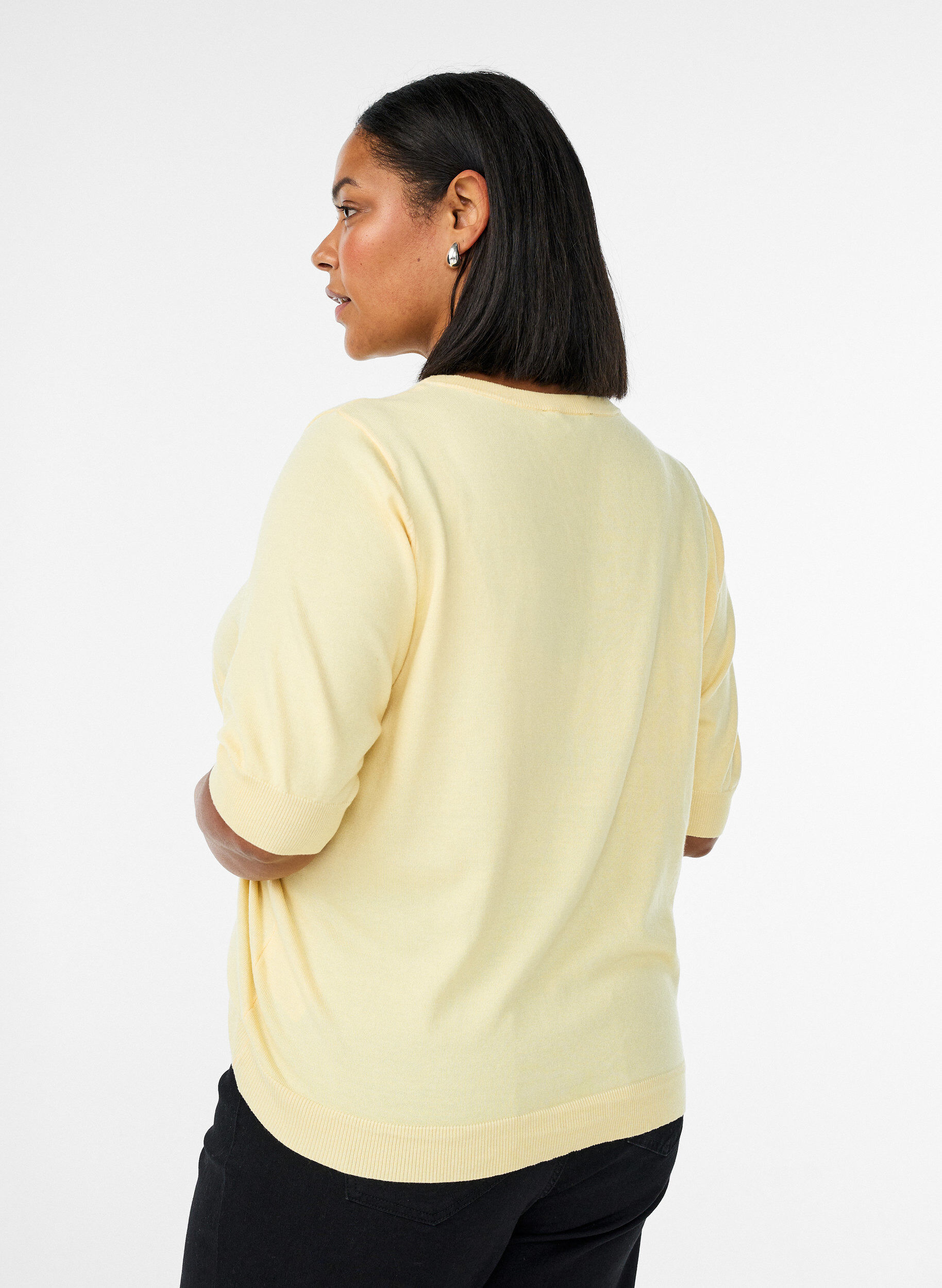 Zizzifashion Fine-knit blouse with short sleeves, Yellow, Model image number 2