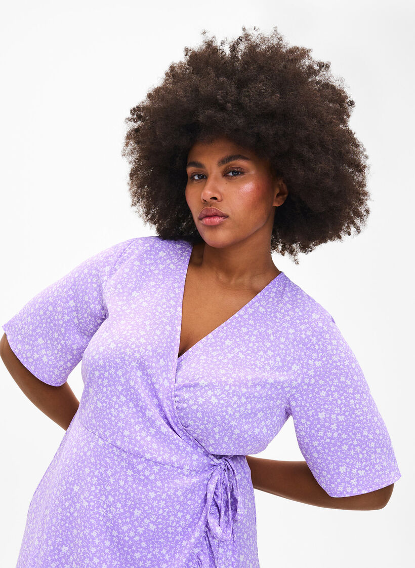 Printed wrap dress with short sleeves , Purple, Image image number 1