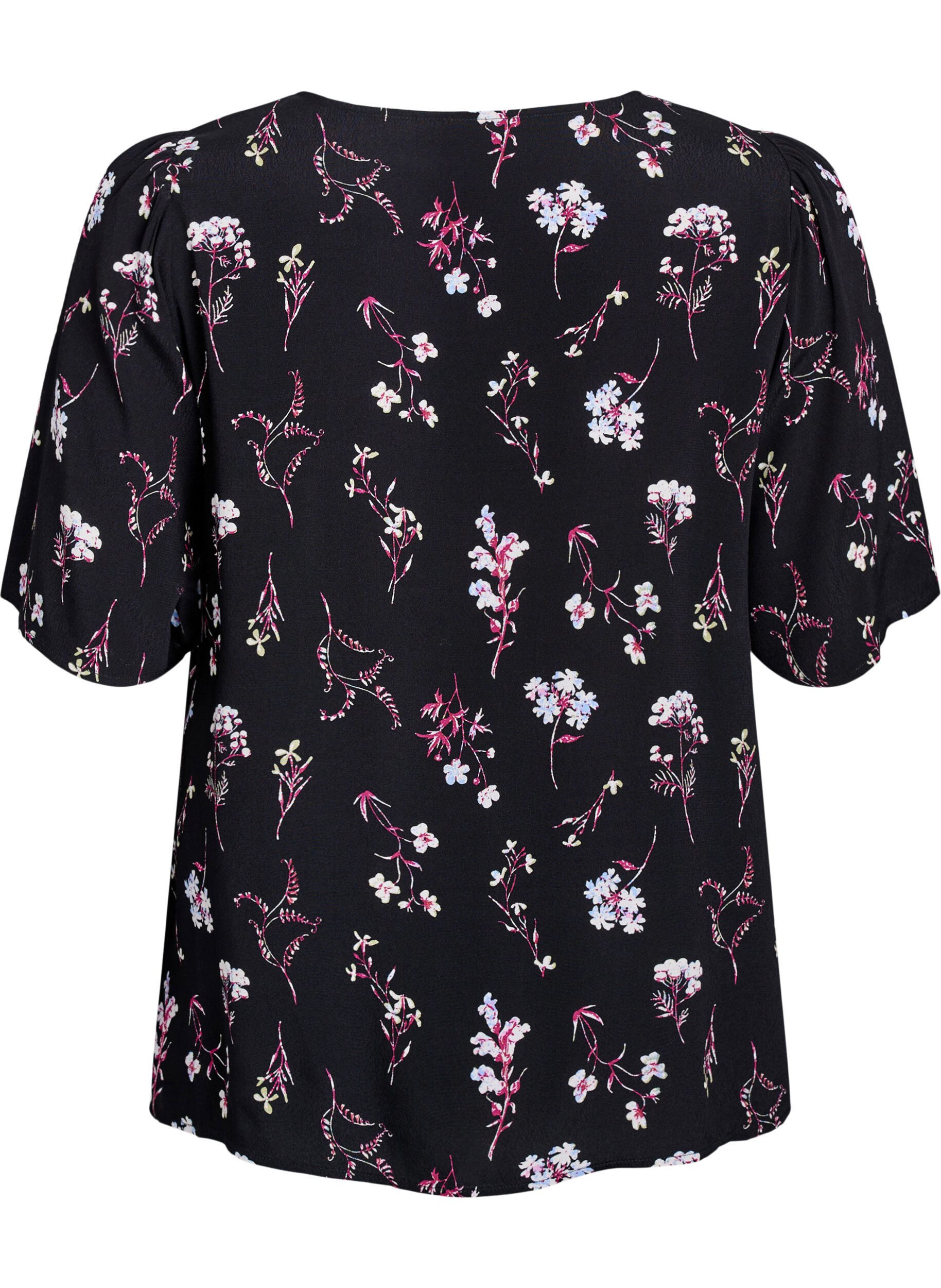 Zizzifashion Floral blouse with short sleeves, Black, Packshot image number 1