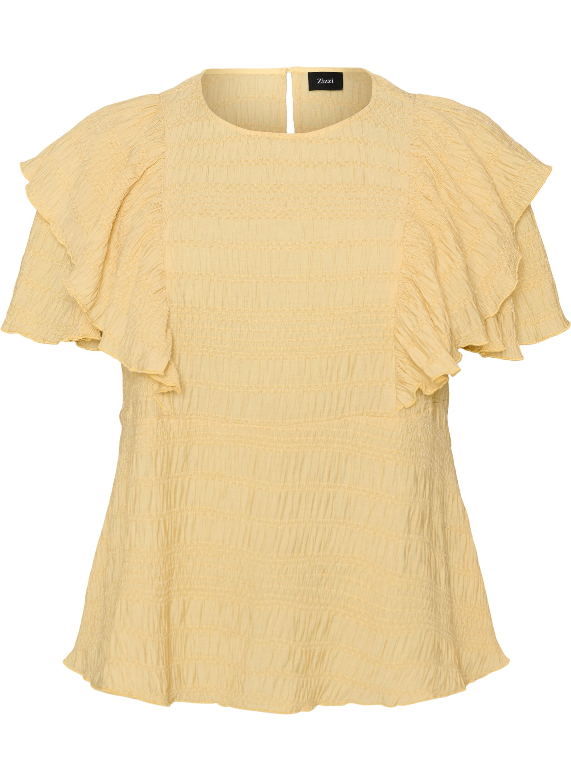 ZizzifashionBlouse with smocked texture and ruffle sleeves, Yellow, Packshot image number 0