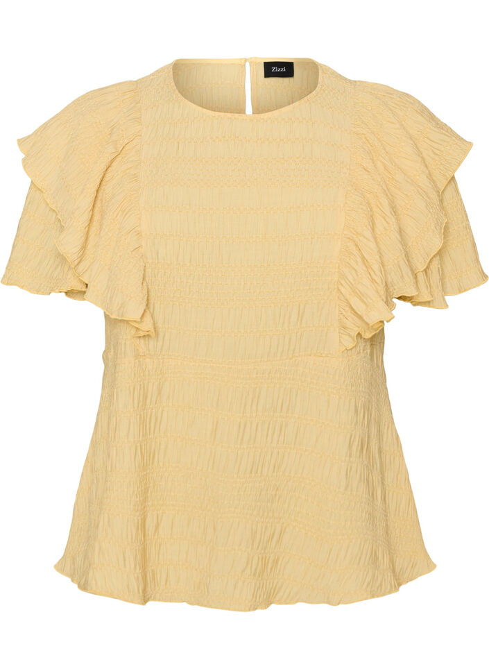 Blouse with smocked texture and ruffle sleeves, Yellow, Packshot image number 0
