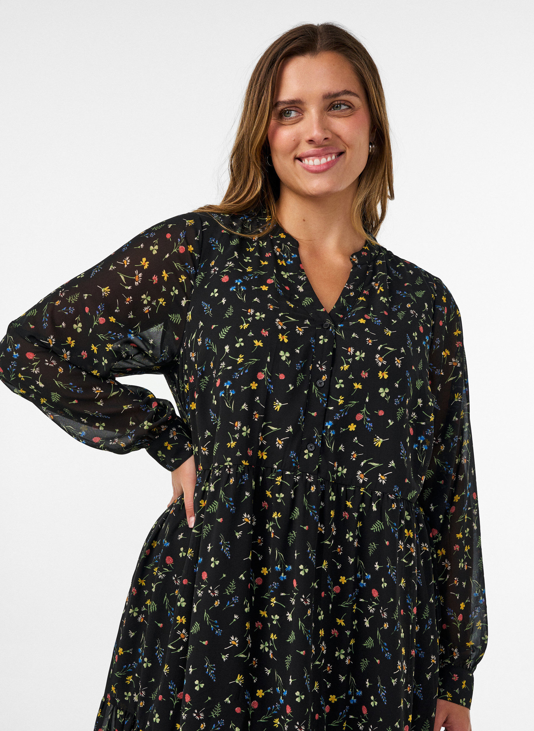 ZizzifashionDress with all-over print and a ruffle layer, Black, Model image number 2