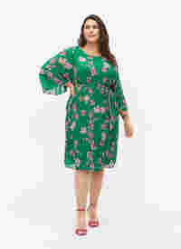 Printed pleated dress with tie string, Jolly Green Flower, Model