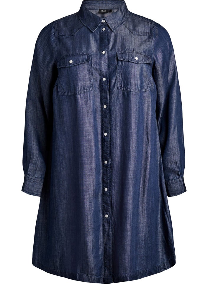 Short denim dress in lyocell with press studs, Blue, Packshot image number 0
